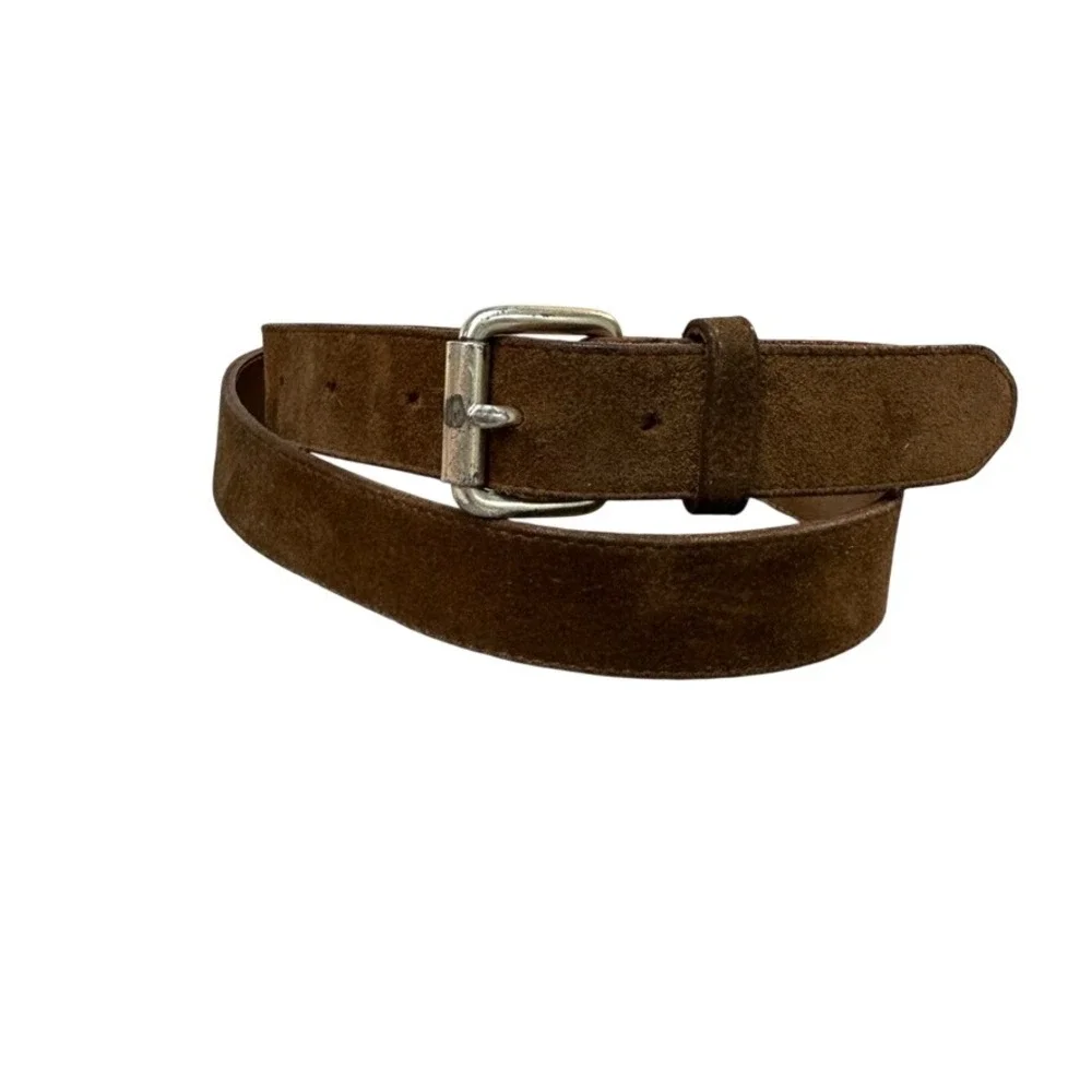 Mens Brown Suede Leather Belt Silver Roller Buckle Casual Rugged 46 Inch